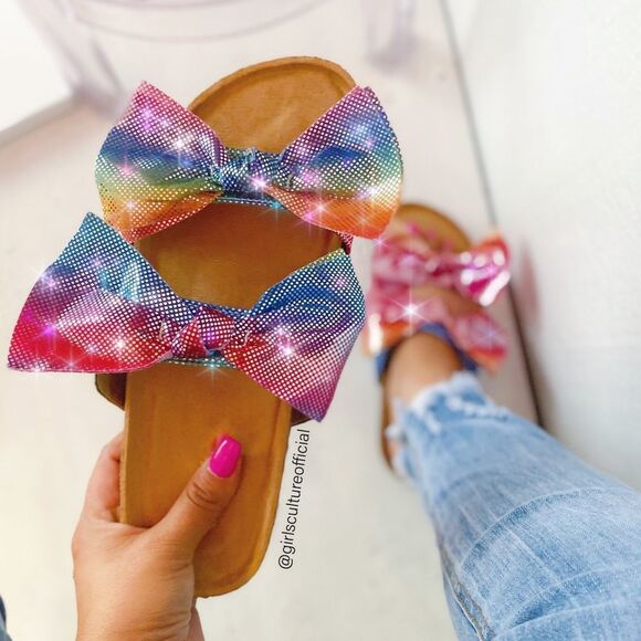 Rainbow Glitter Double Bow Slides - Picture 1 of 4